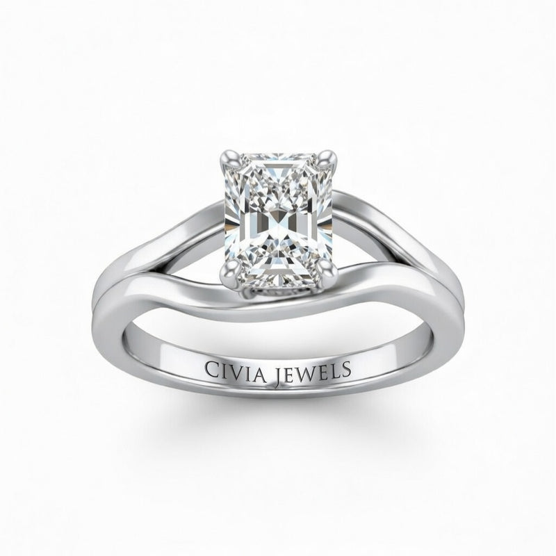White Gold Radiant Cut Solitaire Engagement Ring with Contemporary Bypass Shank