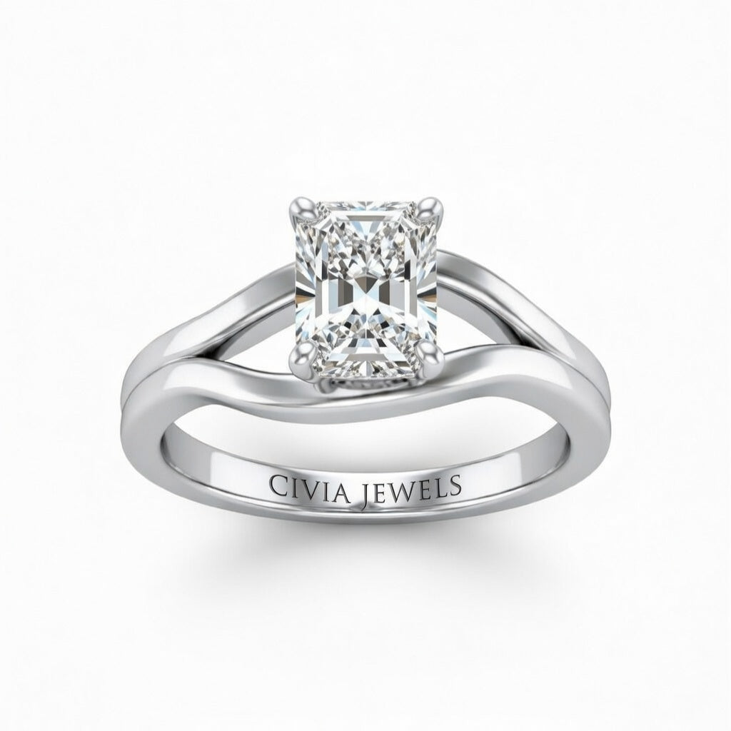 White Gold Radiant Cut Solitaire Engagement Ring with Contemporary Bypass Shank