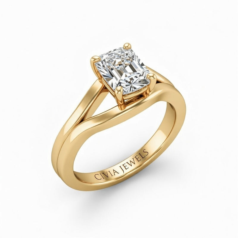 Yellow Gold Radiant Cut Solitaire Engagement Ring with Contemporary Bypass Shank