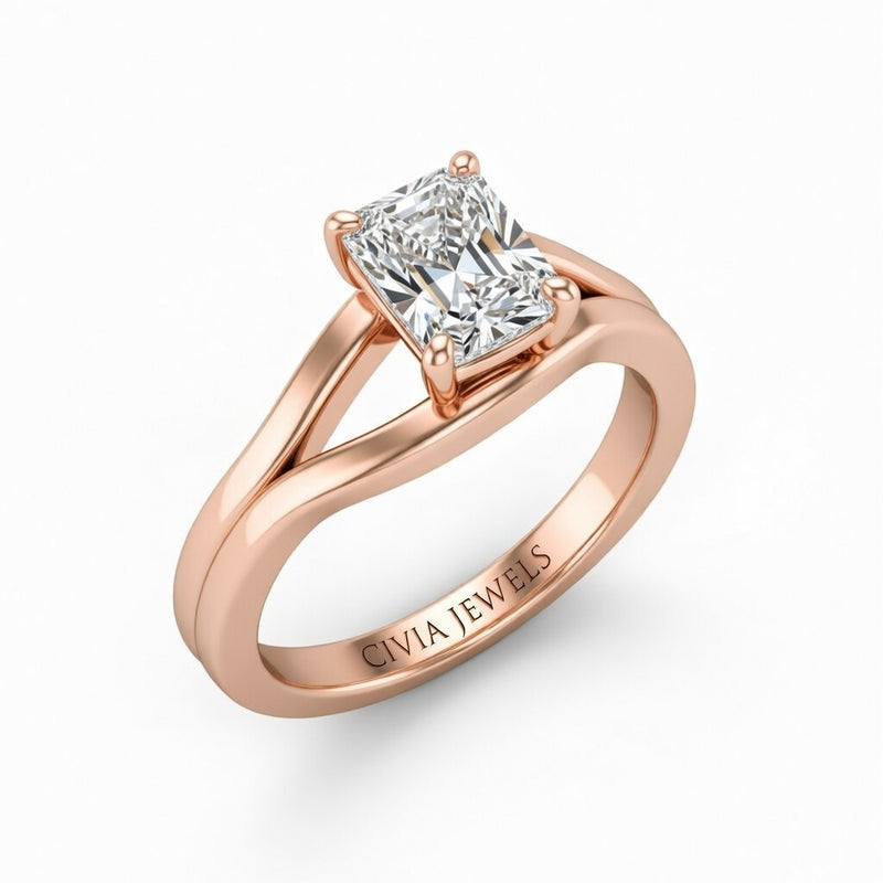 Rose Gold Radiant Cut Solitaire Engagement Ring with Contemporary Bypass Shank