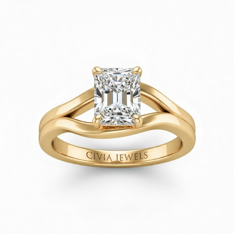 Yellow Gold Radiant Cut Solitaire Engagement Ring with Contemporary Bypass Shank