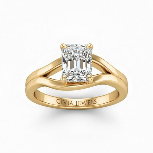 Yellow Gold Radiant Cut Solitaire Engagement Ring with Contemporary Bypass Shank