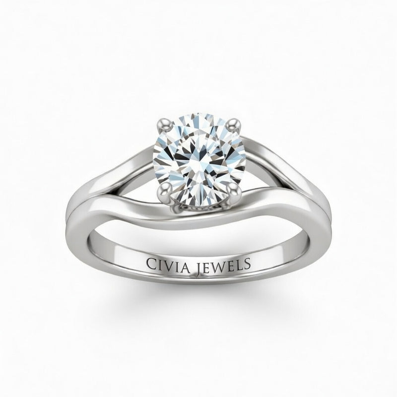 White Gold Round Cut Solitaire Engagement Ring with Contemporary Bypass Shank