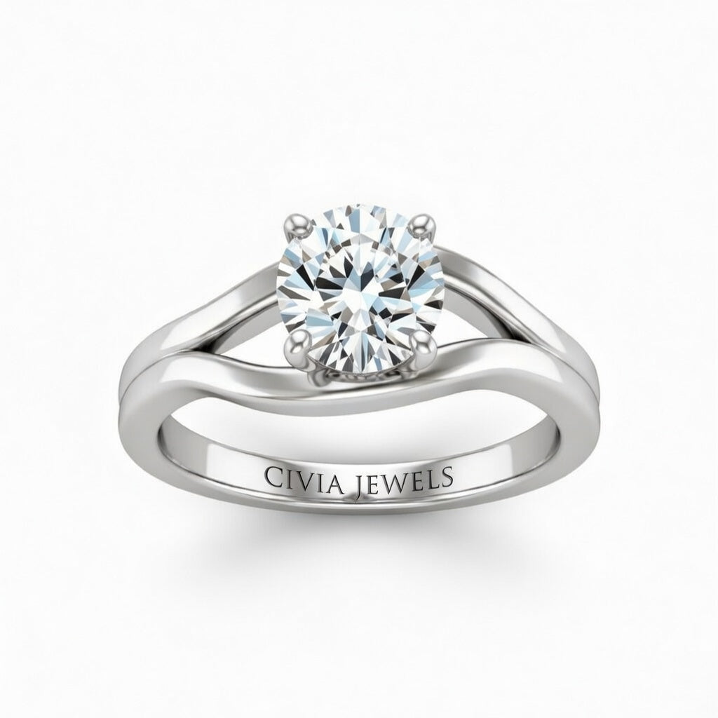Silver Round Cut Solitaire Engagement Ring with Contemporary Bypass Shank