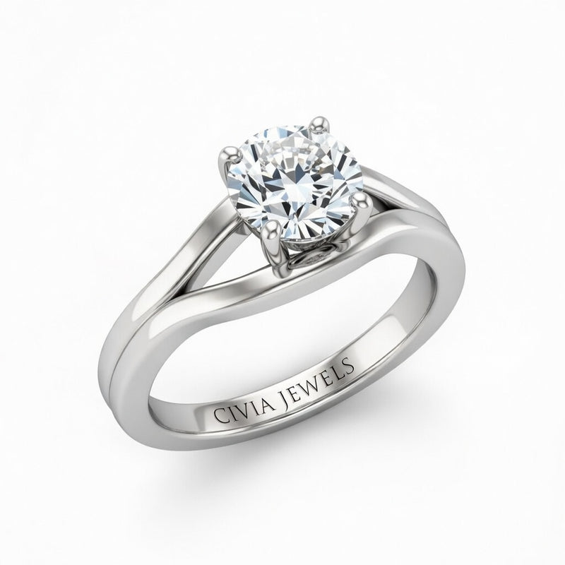 Silver Round Cut Solitaire Engagement Ring with Contemporary Bypass Shank