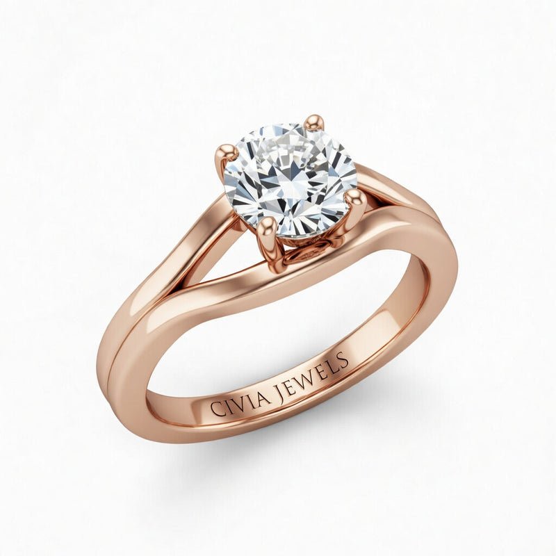 Rose Gold Round Cut Solitaire Engagement Ring with Contemporary Bypass Shank