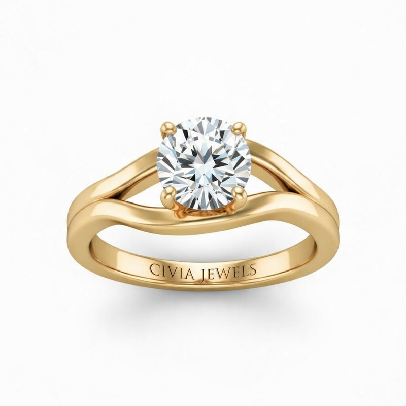 Yellow Gold Round Cut Solitaire Engagement Ring with Contemporary Bypass Shank