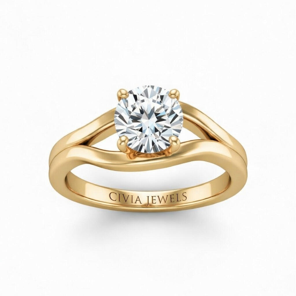 Yellow Gold Round Cut Solitaire Engagement Ring with Contemporary Bypass Shank