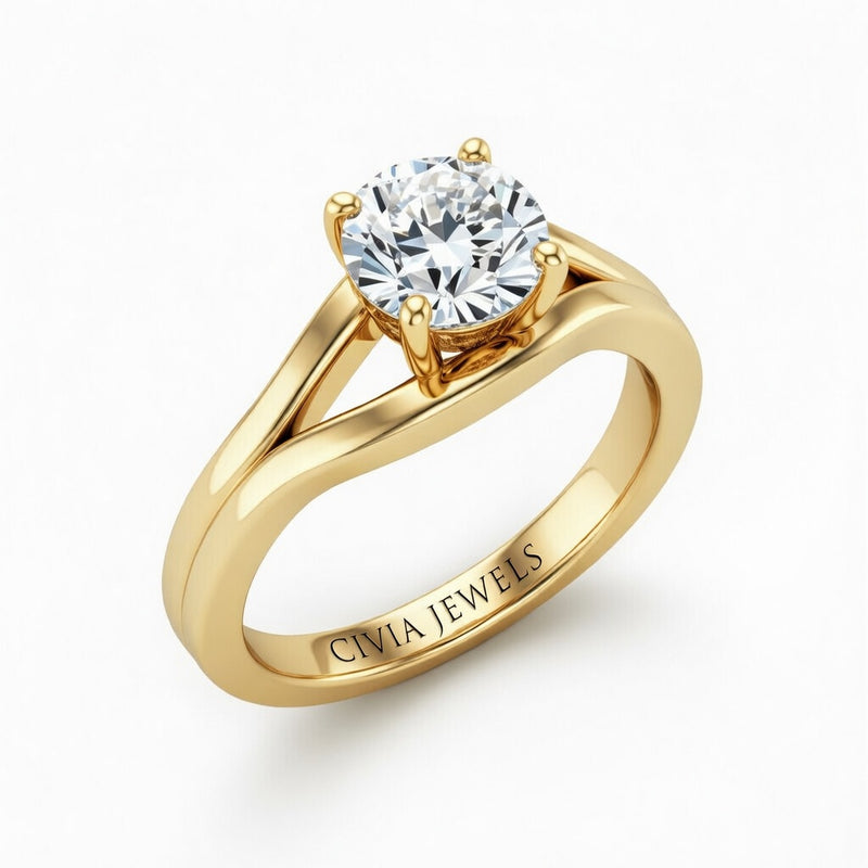Yellow Gold Round Cut Solitaire Engagement Ring with Contemporary Bypass Shank