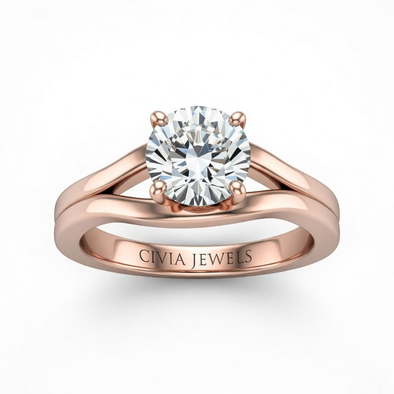Rose Gold Round Cut Solitaire Engagement Ring with Contemporary Bypass Shank
