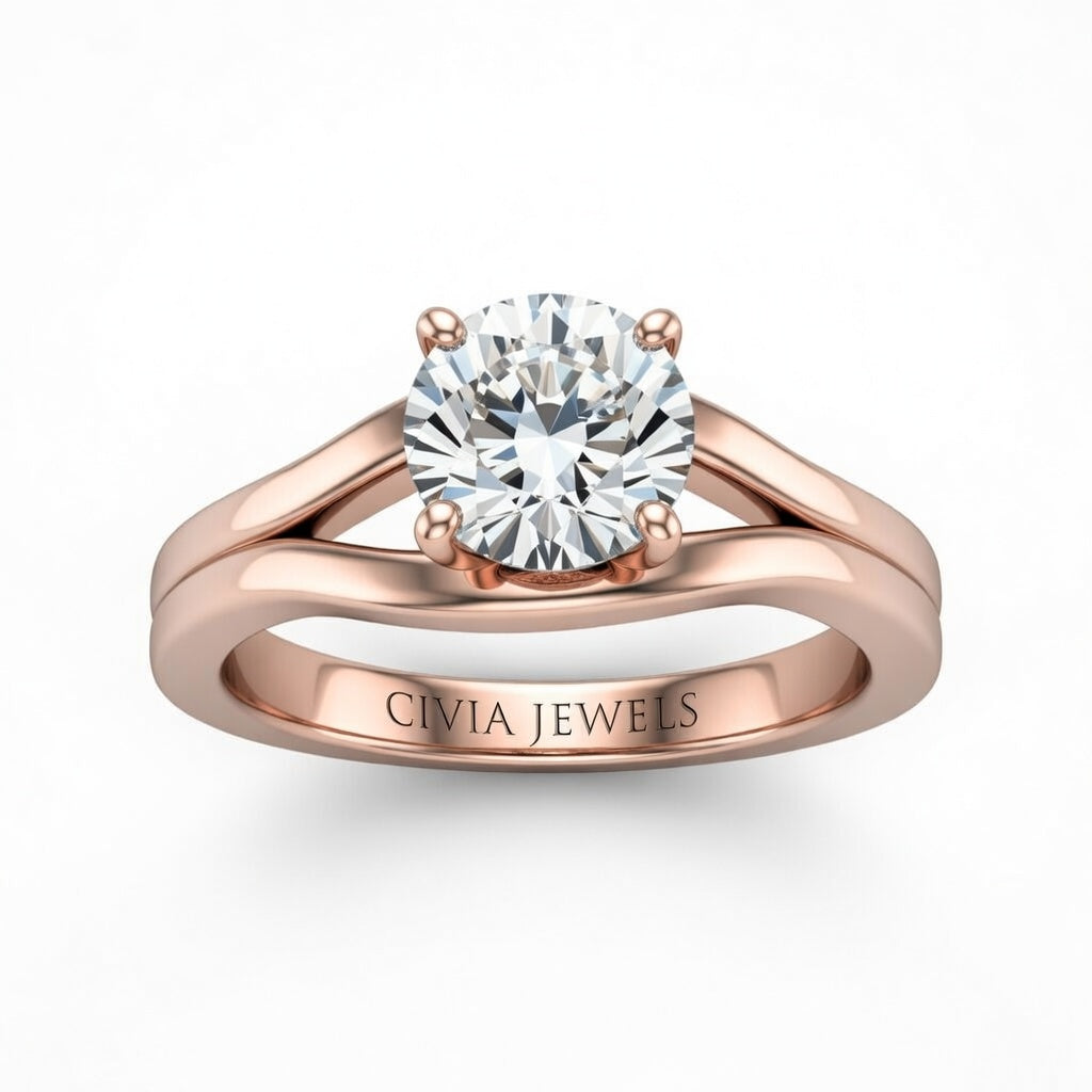 Rose Gold Round Cut Solitaire Engagement Ring with Contemporary Bypass Shank