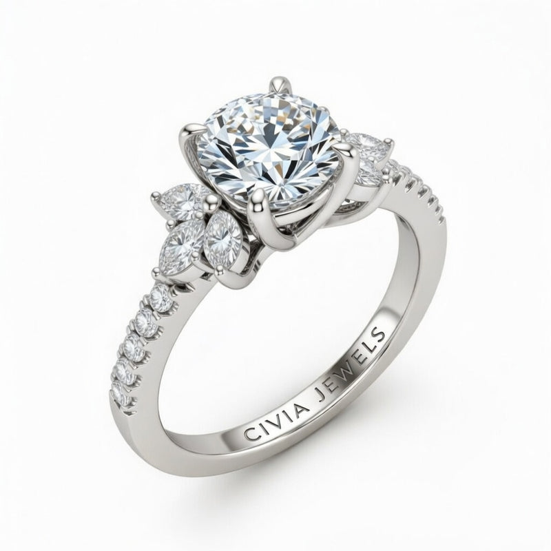 White Gold Cushion Cut Engagement Ring With Marquise Diamond Floral Side Clusters And Pavé Band