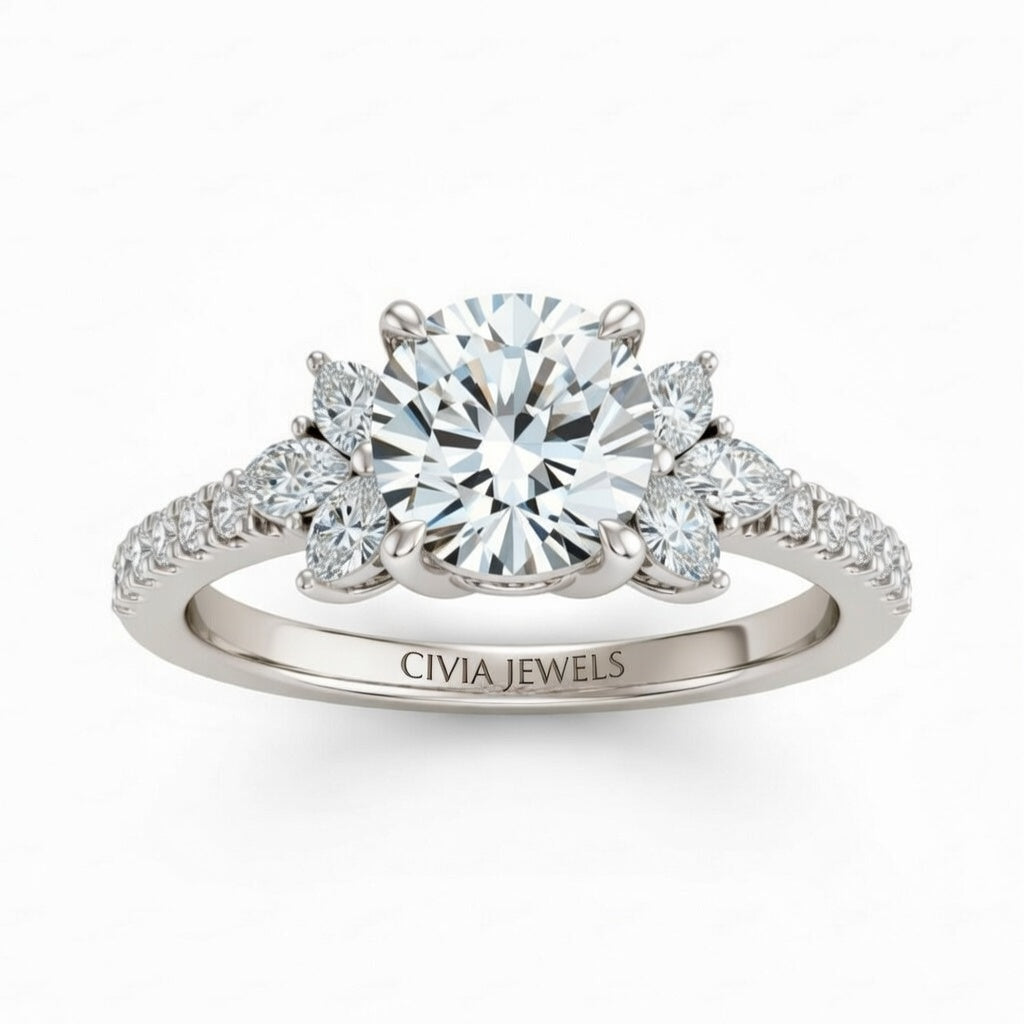 White Gold Cushion Cut Engagement Ring With Marquise Diamond Floral Side Clusters And Pavé Band