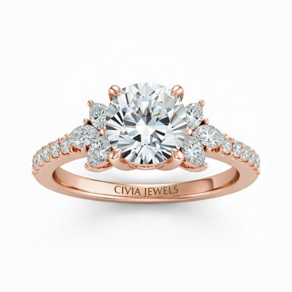 Rose Gold Cushion Cut Engagement Ring With Marquise Diamond Floral Side Clusters And Pavé Band