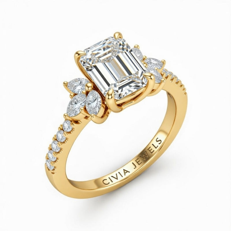 Yellow Gold Emerald Cut Engagement Ring With Marquise Diamond Floral Side Clusters And Pavé Band