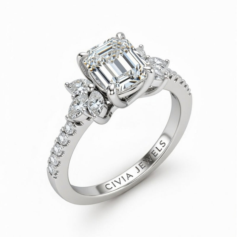 Silver Emerald Cut Engagement Ring With Marquise Diamond Floral Side Clusters And Pavé Band