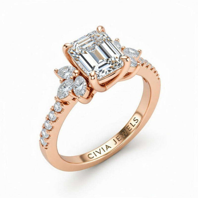 Rose Gold Emerald Cut Engagement Ring With Marquise Diamond Floral Side Clusters And Pavé Band