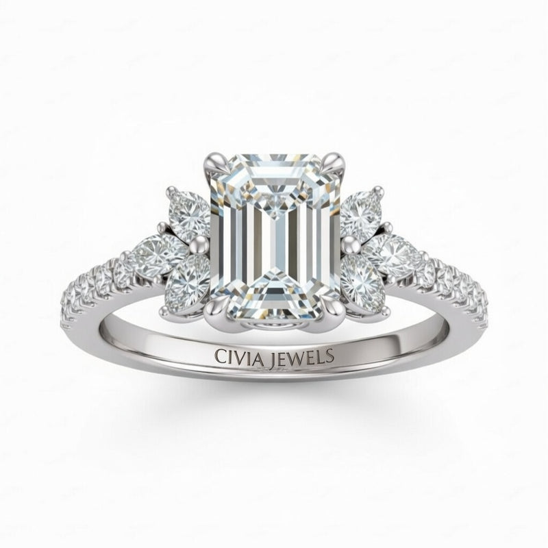 Silver Emerald Cut Engagement Ring With Marquise Diamond Floral Side Clusters And Pavé Band