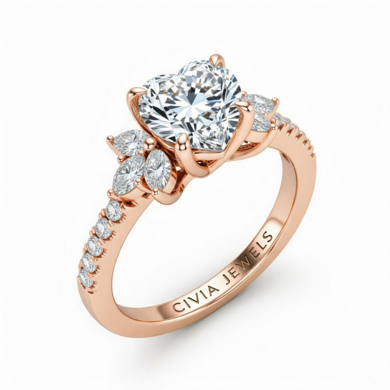 Rose Gold Heart Cut Engagement Ring With Marquise Diamond Floral Side Clusters And Pavé Band
