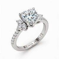 White Gold Heart Cut Engagement Ring With Marquise Diamond Floral Side Clusters And Pavé Band
