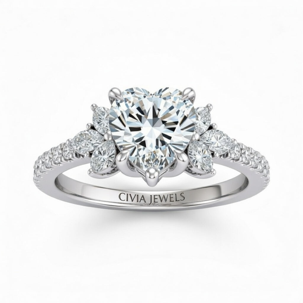 White Gold Heart Cut Engagement Ring With Marquise Diamond Floral Side Clusters And Pavé Band