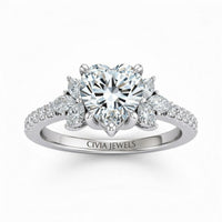 White Gold Heart Cut Engagement Ring With Marquise Diamond Floral Side Clusters And Pavé Band