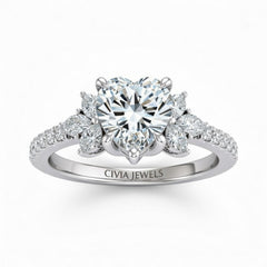 White Gold Heart Cut Engagement Ring With Marquise Diamond Floral Side Clusters And Pavé Band