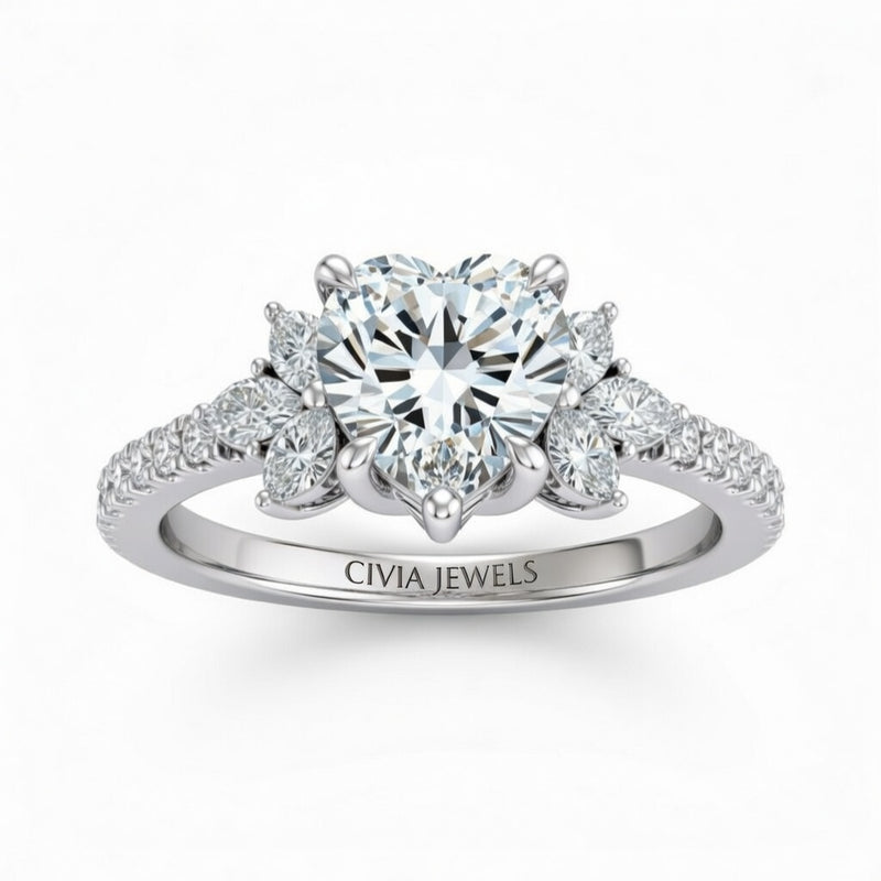 Silver Heart Cut Engagement Ring With Marquise Diamond Floral Side Clusters And Pavé Band