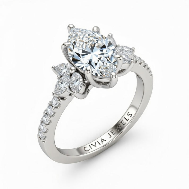 Silver Marquise Cut Engagement Ring With Marquise Diamond Floral Side Clusters And Pavé Band