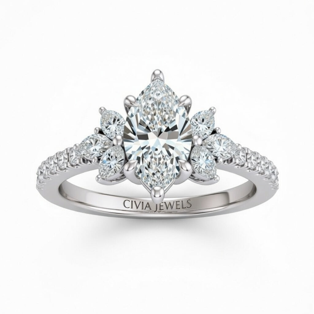 White Gold Marquise Cut Engagement Ring With Marquise Diamond Floral Side Clusters And Pavé Band