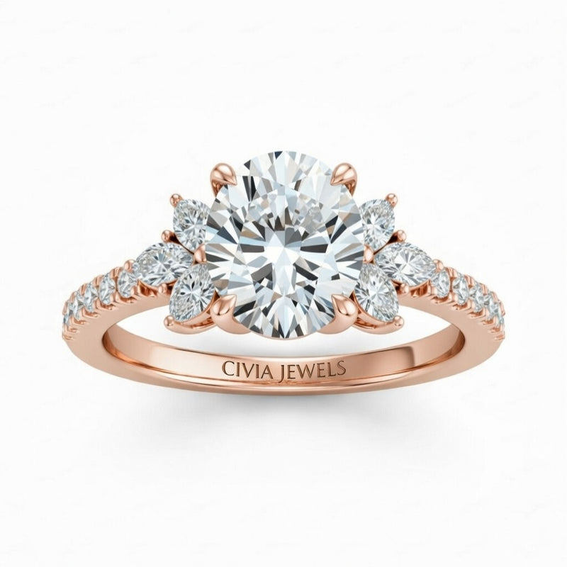 Rose Gold Oval Cut Engagement Ring With Marquise Diamond Floral Side Clusters And Pavé Band