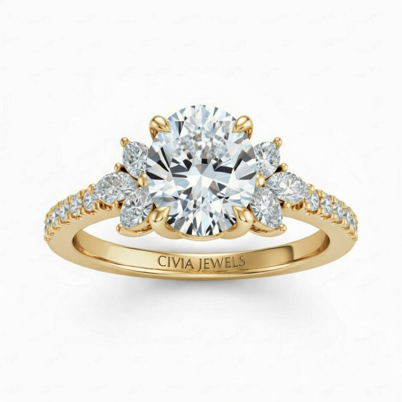 Yellow Gold Oval Cut Engagement Ring With Marquise Diamond Floral Side Clusters And Pavé Band