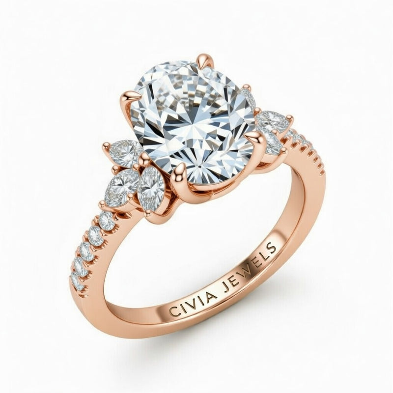 Rose Gold Oval Cut Engagement Ring With Marquise Diamond Floral Side Clusters And Pavé Band