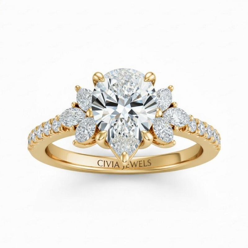 Yellow Gold Pear Cut Engagement Ring With Marquise Diamond Floral Side Clusters And Pavé Band
