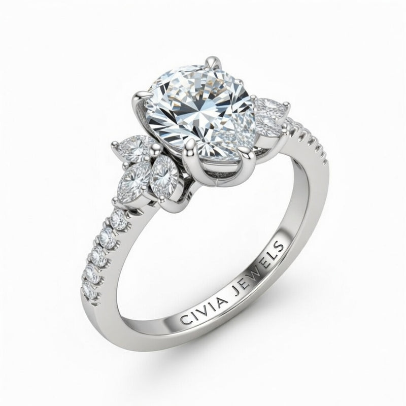 Silver Pear Cut Engagement Ring With Marquise Diamond Floral Side Clusters And Pavé Band