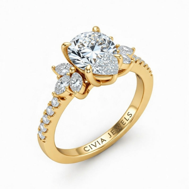 Yellow Gold Pear Cut Engagement Ring With Marquise Diamond Floral Side Clusters And Pavé Band