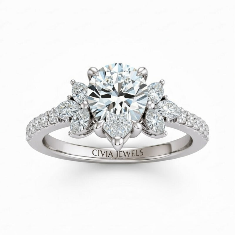 Silver Pear Cut Engagement Ring With Marquise Diamond Floral Side Clusters And Pavé Band