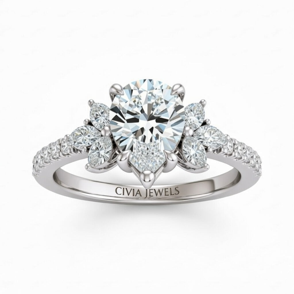 Silver Pear Cut Engagement Ring With Marquise Diamond Floral Side Clusters And Pavé Band