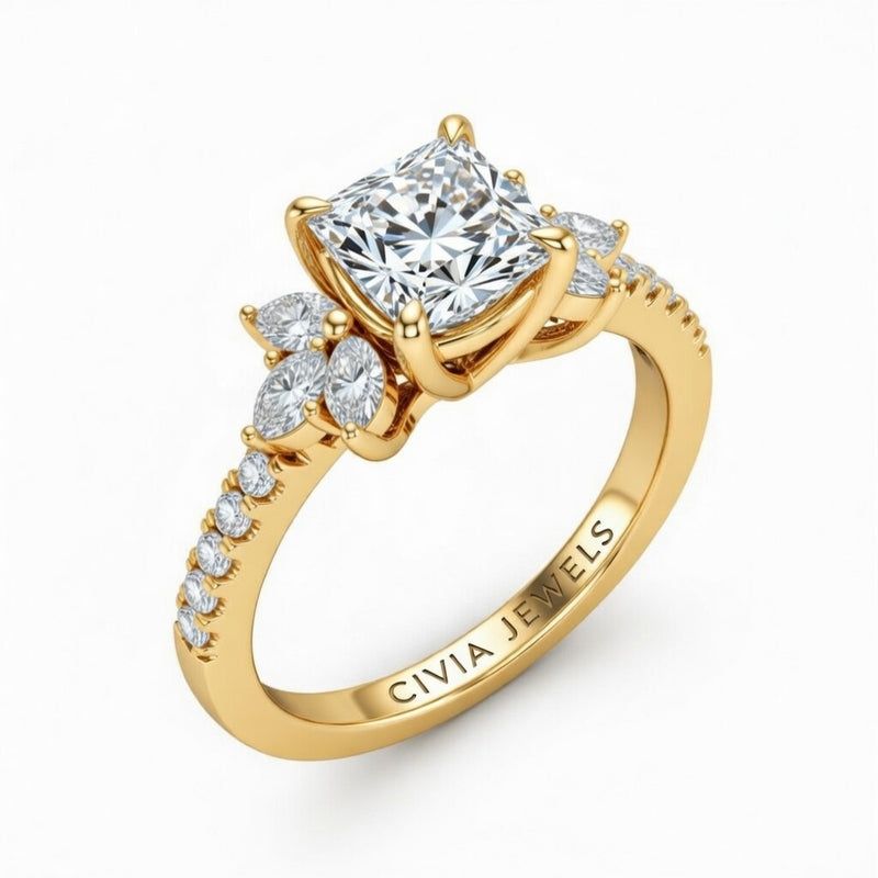 Yellow Gold Princess Cut Engagement Ring With Marquise Diamond Floral Side Clusters And Pavé Band