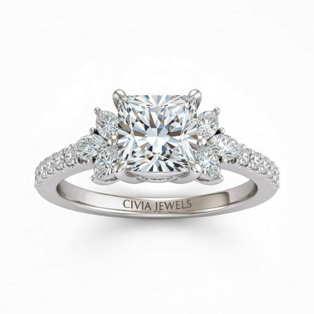 White Gold Princess Cut Engagement Ring With Marquise Diamond Floral Side Clusters And Pavé Band