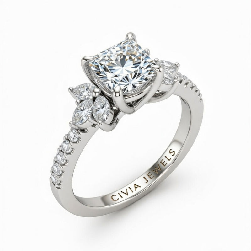 White Gold Princess Cut Engagement Ring With Marquise Diamond Floral Side Clusters And Pavé Band