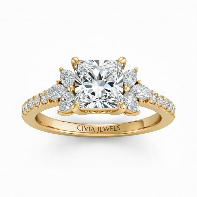 Yellow Gold Princess Cut Engagement Ring With Marquise Diamond Floral Side Clusters And Pavé Band