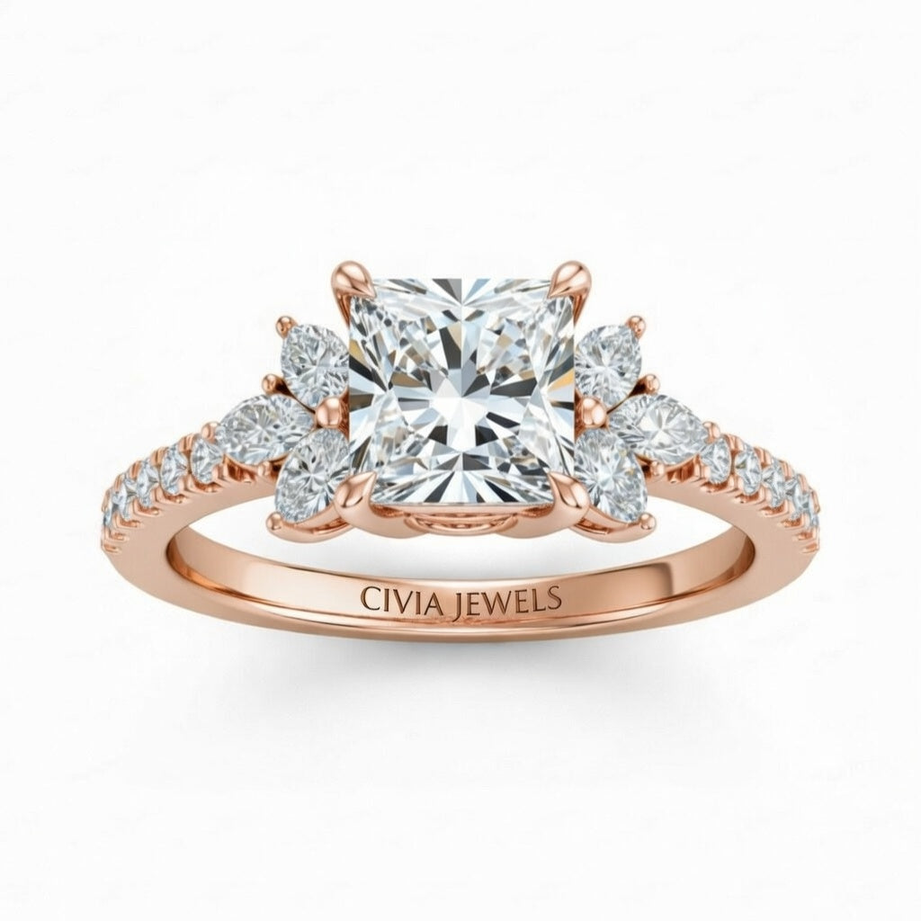 Rose Gold Princess Cut Engagement Ring With Marquise Diamond Floral Side Clusters And Pavé Band