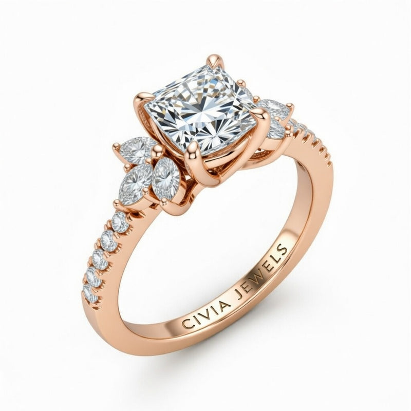 Rose Gold Princess Cut Engagement Ring With Marquise Diamond Floral Side Clusters And Pavé Band