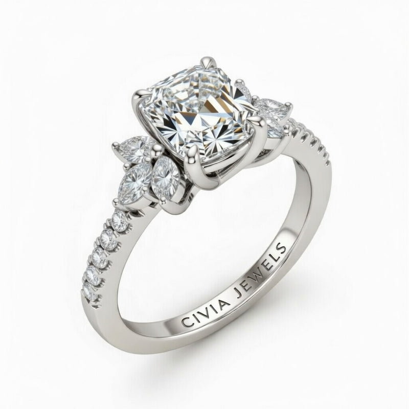 Silver Radiant Cut Engagement Ring With Marquise Diamond Floral Side Clusters And Pavé Band