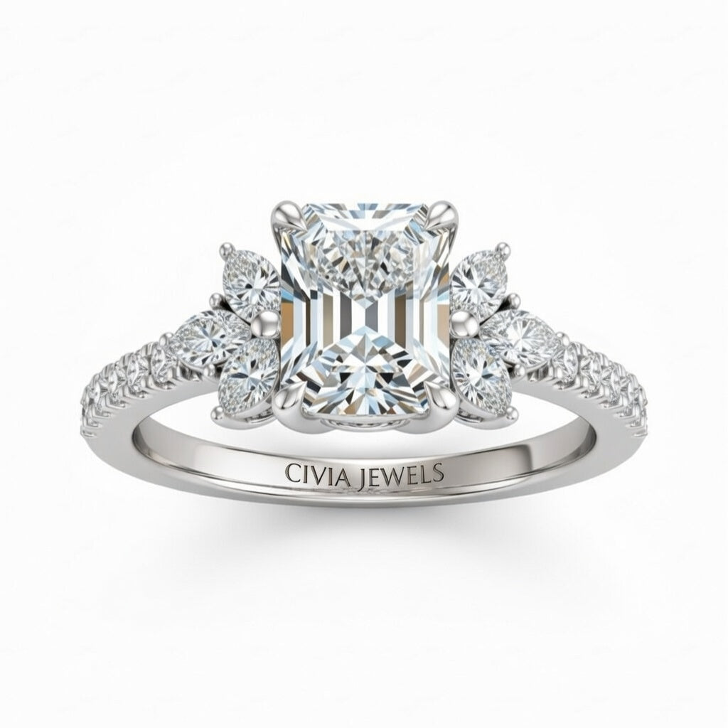 Silver Radiant Cut Engagement Ring With Marquise Diamond Floral Side Clusters And Pavé Band