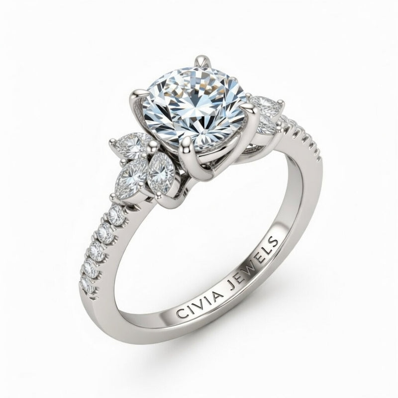 White Gold Round Cut Engagement Ring With Marquise Diamond Floral Side Clusters And Pavé Band