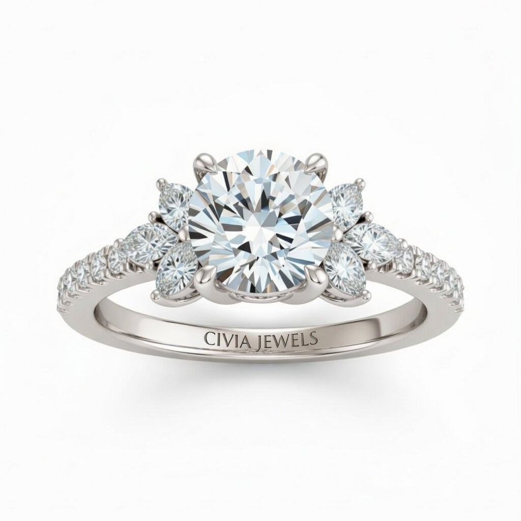 Silver Round Cut Engagement Ring With Marquise Diamond Floral Side Clusters And Pavé Band