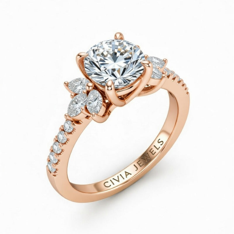Rose Gold Round Cut Engagement Ring With Marquise Diamond Floral Side Clusters And Pavé Band