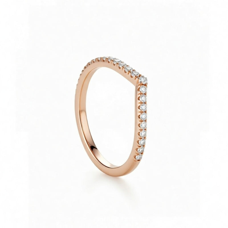 Rose Gold Chevron Diamond Wedding Band With Pavé Set Round Diamonds